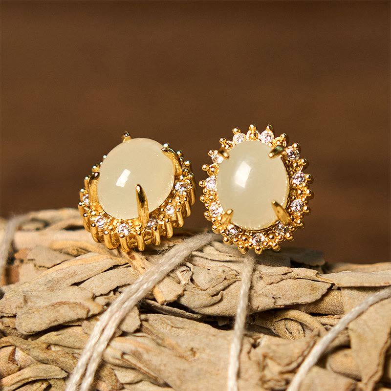 Stone of buddha Natural Hetian Jade Egg Copper Prosperity Earrings