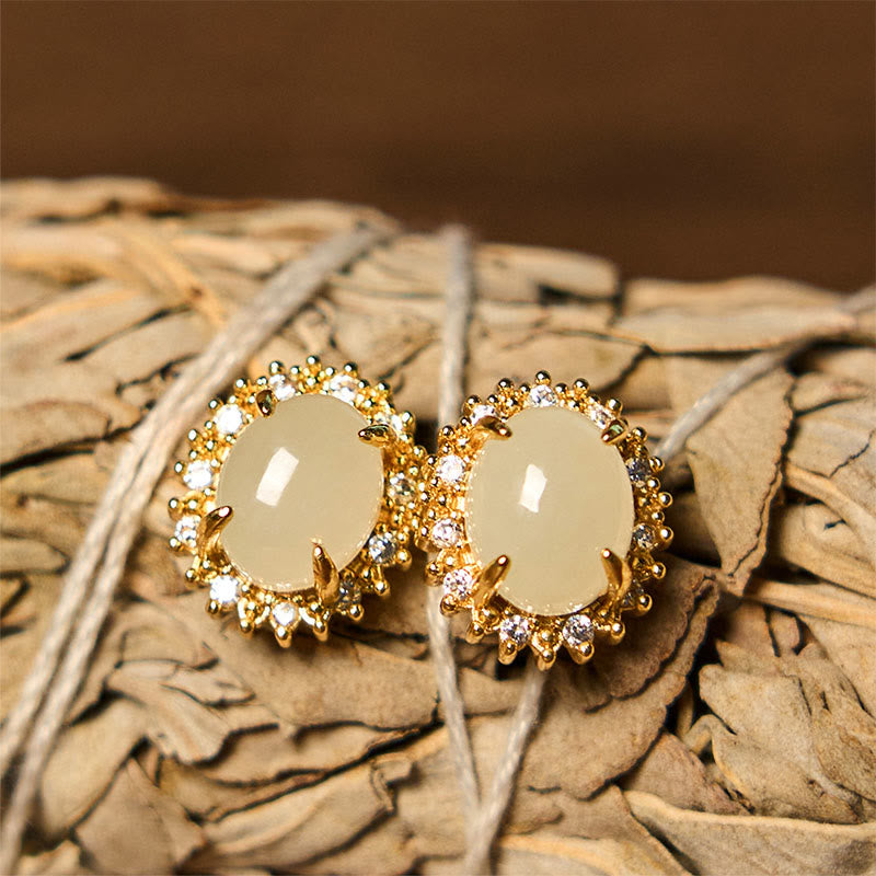 Stone of buddha Natural Hetian Jade Egg Copper Prosperity Earrings