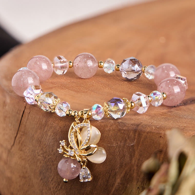 Stone of buddha Natural Strawberry Quartz Butterfly Healing Bracelet
