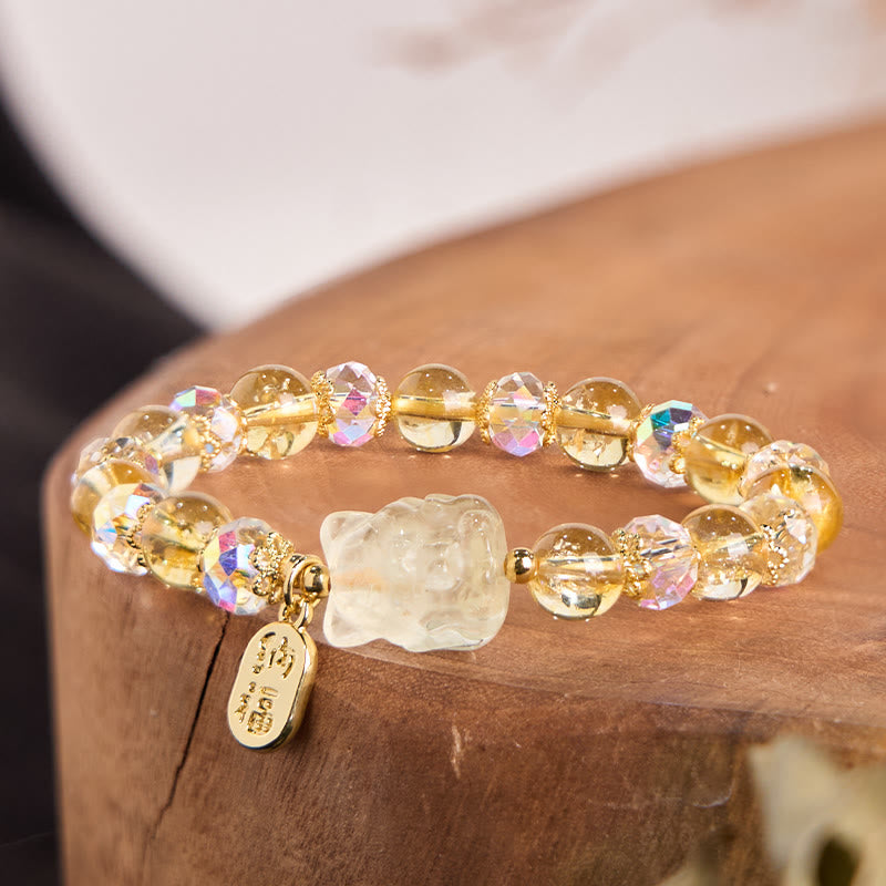 Stone of buddha Natural Citrine White Crystal Nine Tailed Fox Attracting Wealth Charm Energy Bracelet