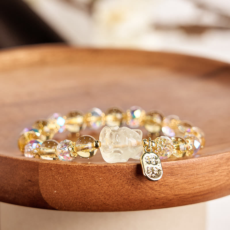 Stone of buddha Natural Citrine White Crystal Nine Tailed Fox Attracting Wealth Charm Energy Bracelet