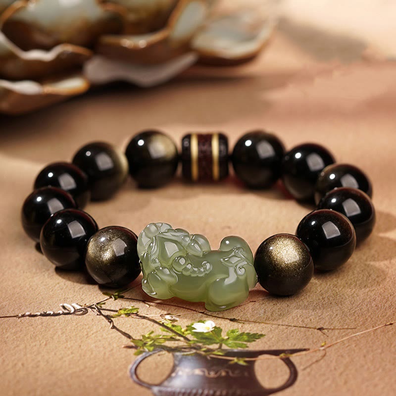 Stone of buddha Natural Gold Sheen Obsidian Hetian Cyan Jade White Jade PiXiu Wealth Bracelet