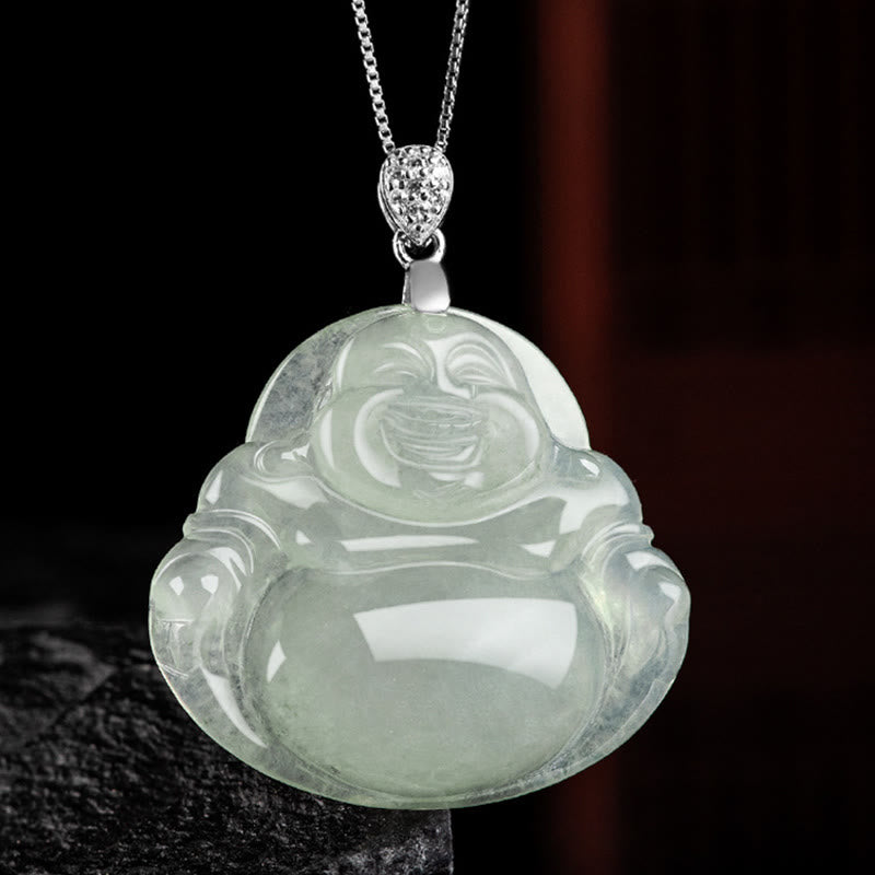 Stone of buddha 925 Sterling Silver Natural Jade Laughing Buddha Prosperity Abundance Chain Necklace Pendant