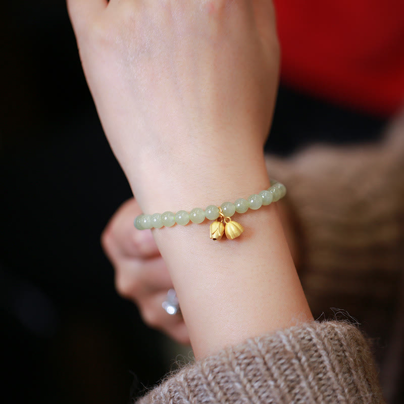 Stone of buddha 925 Sterling Silver Plated Gold Natural Hetian Jade Bead Gourd Lotus Bamboo Fu Character Luck Bracelet