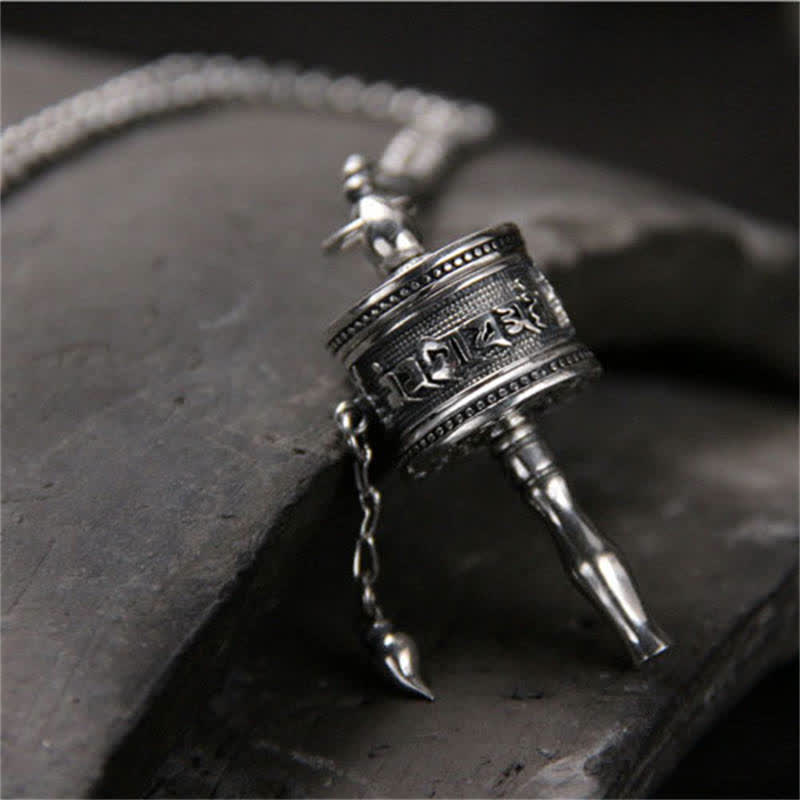 Stone of buddha 925 Sterling Silver Om Mani Padme Hum Prayer Wheel Purity Rotatable Necklace Pendant