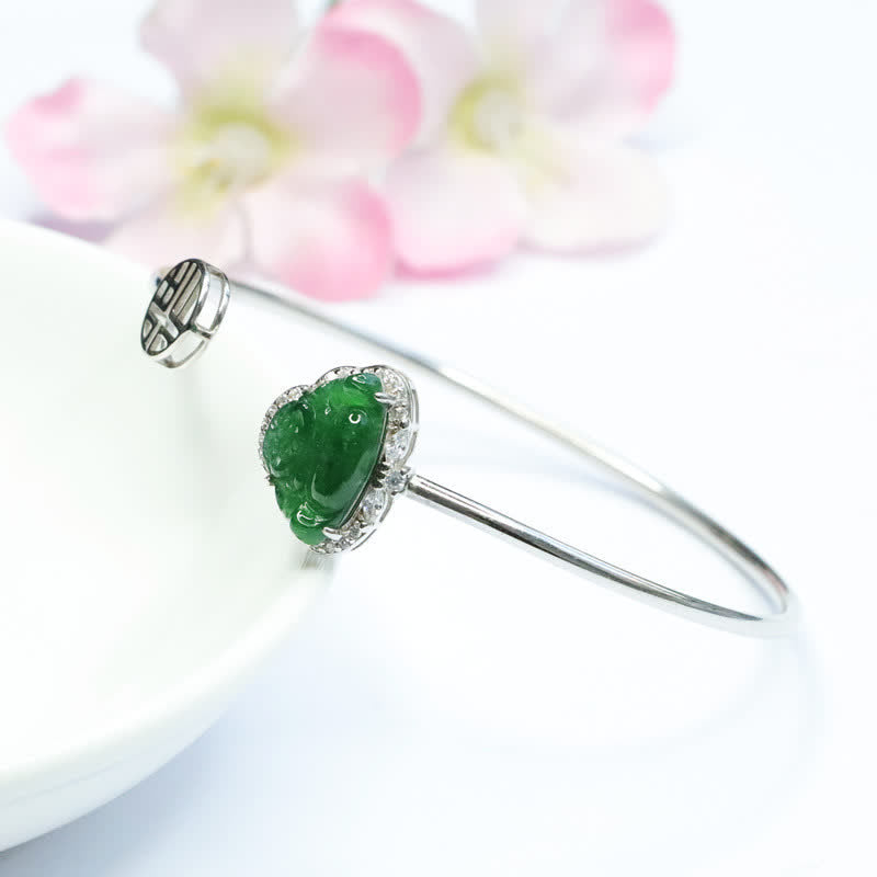 Stone of buddha 925 Sterling Silver Laughing Buddha Jade Luck Bracelet Bangle