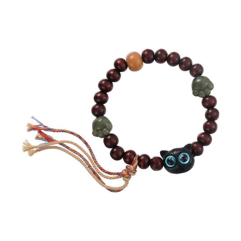 Stone of buddha Ebony Wood Lovely Cat Jade Paw Peace Tassel Wood Bracelet