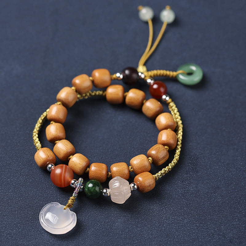 Stone of buddha Green Sandalwood Chalcedony Peace Buckle Charm Soothing Double Wrap Bracelet