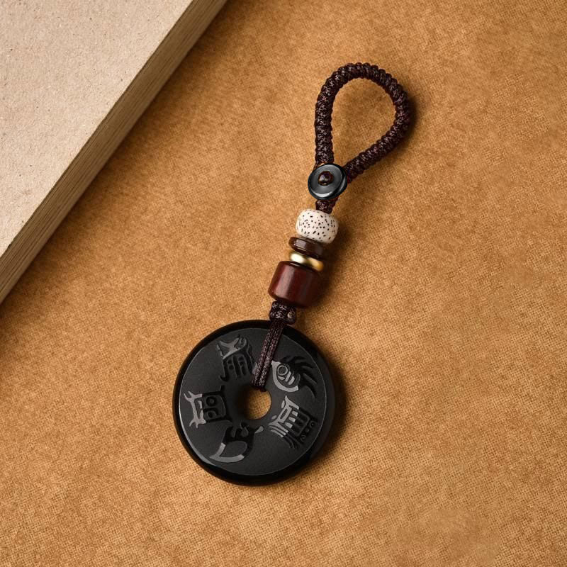 Stone of buddha Black Obsidian Taoism Five Sacred Mountains Carved Strength Peace Buckle Necklace Pendant Key Chain Phone Hanging Decoration