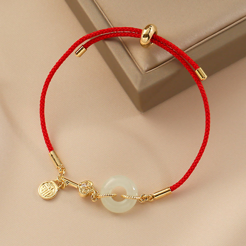 Stone of buddha 18K Gold Plated Hetian Jade Peace Buckle Fu Character Luck Red Rope Bracelet