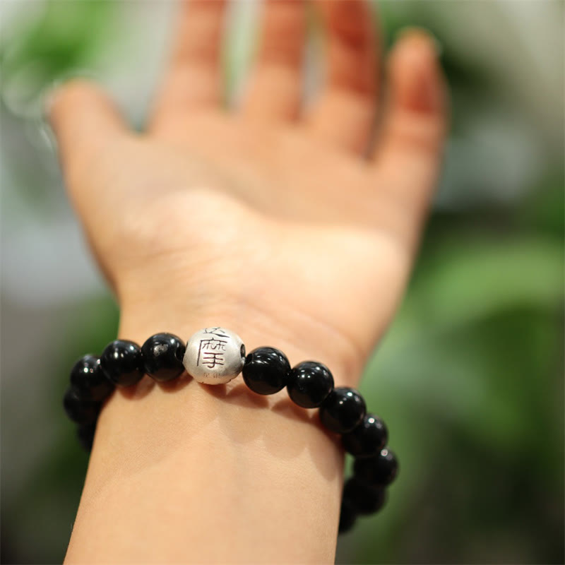 Stone of buddha 925 Sterling Silver Black Onyx Bead Character Engraved Protection Bracelet