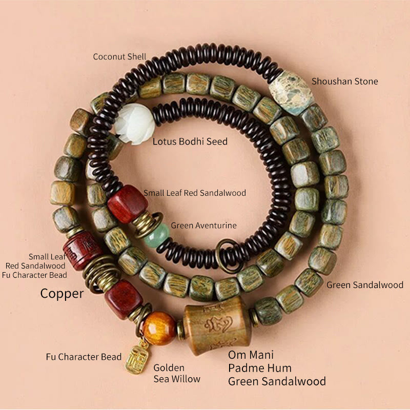 Stone of buddha Green Sandalwood Ebony Om Mani Padme Hum Engraved Peace Triple Wrap Bracelet