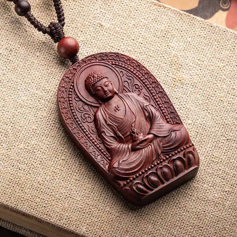 Stone of buddha Chinese Zodiac Natal Buddha Small Leaf Red Sandalwood Lotus Protection Necklace Pendant
