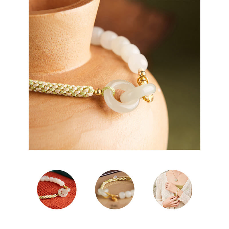 Stone of buddha Natural Hetian Jade Bead Double Peace Buckle Fu Character Abundance Braided Bracelet