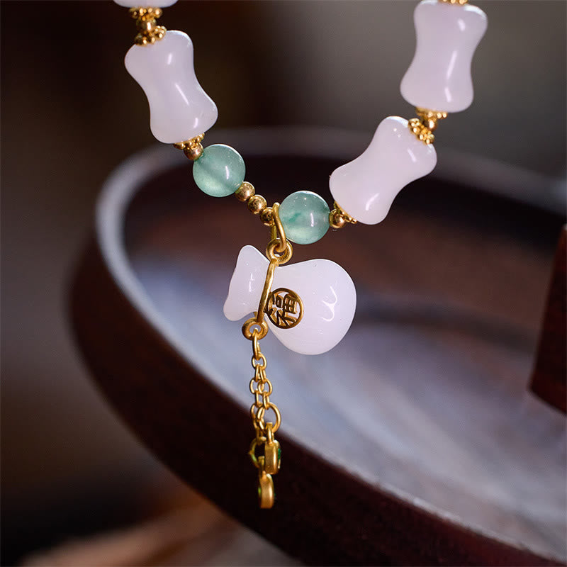 Stone of buddha Natural White Golden Silk Jade Bamboo Pattern Wealth Lucky Bag Fu Character Bracelet