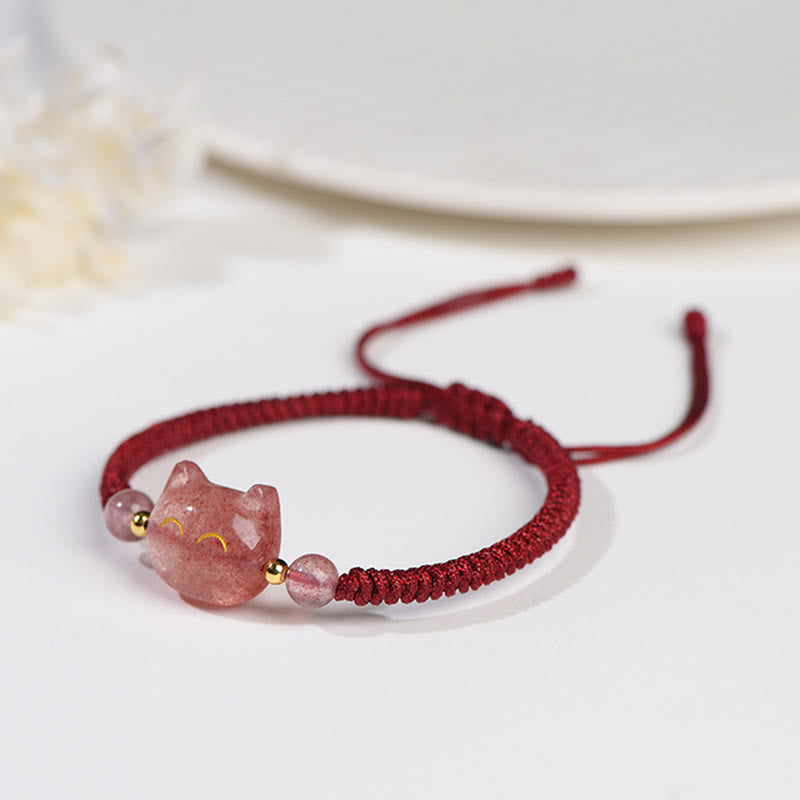 Stone of buddha Handmade Natural Silver Sheen Obsidian Strawberry Quartz Cute Cat Protection Braided Bracelet