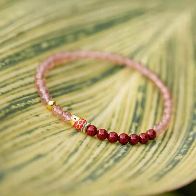 Stone of buddha Natural Strawberry Quartz Cinnabar Lucky Koi Fish Healing Bracelet