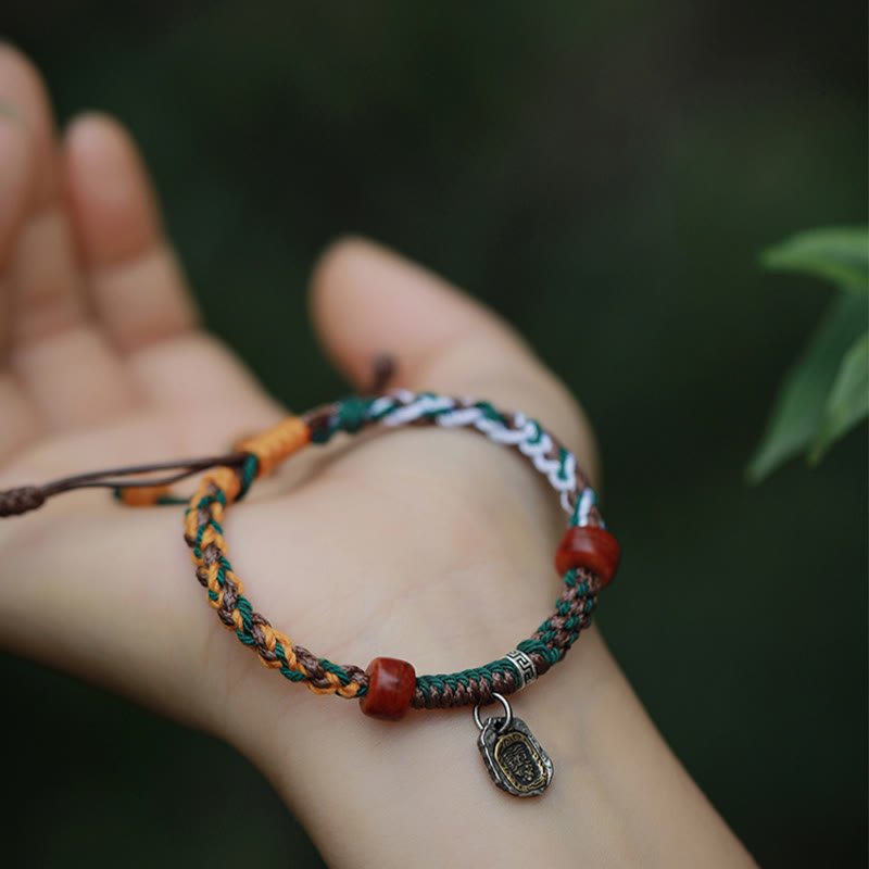 Stone of buddha Handmade Tibetan Silver 925 Sterling Silver Zakiram Goddess of Wealth Camel Bone Protection Braided Bracelet