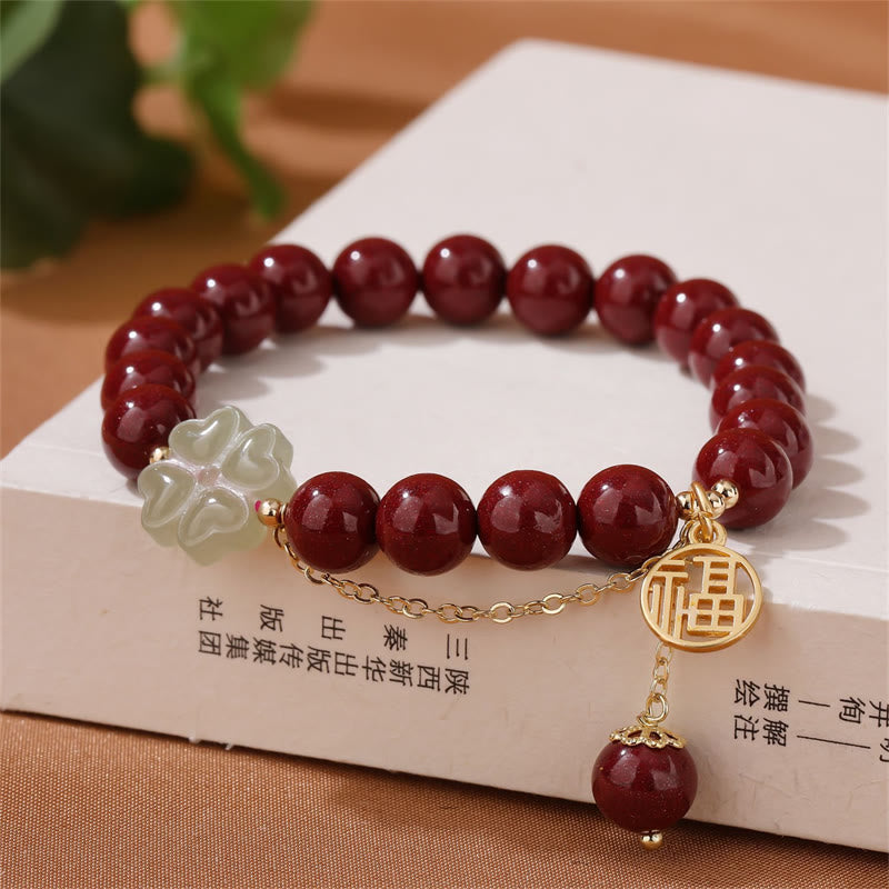 Stone of buddha Cinnabar Fu Character Hetian Jade Lucky Four Leaf Clover Blessing Bracelet