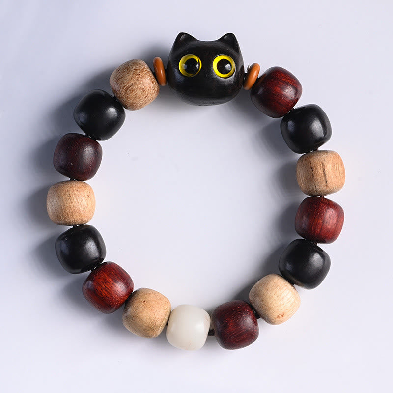 Stone of buddha Small Leaf Red Sandalwood Ebony Wood Cute Cat Engraved Protection Bracelet