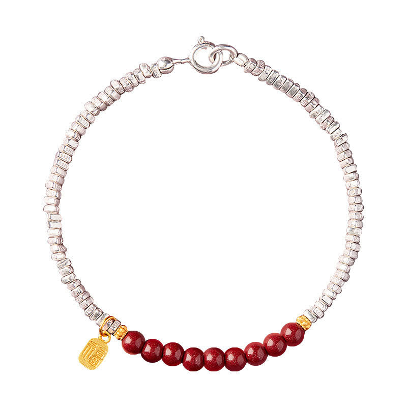 Stone of buddha 925 Sterling Silver Cinnabar Fu Character Blessing Bracelet