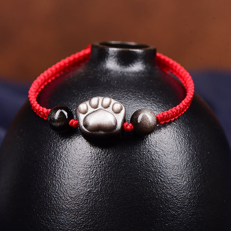 Stone of buddha Natural Silver Sheen Obsidian Gold Sheen Obsidian Cute Cat Paw Claw Protection Rope Bracelet