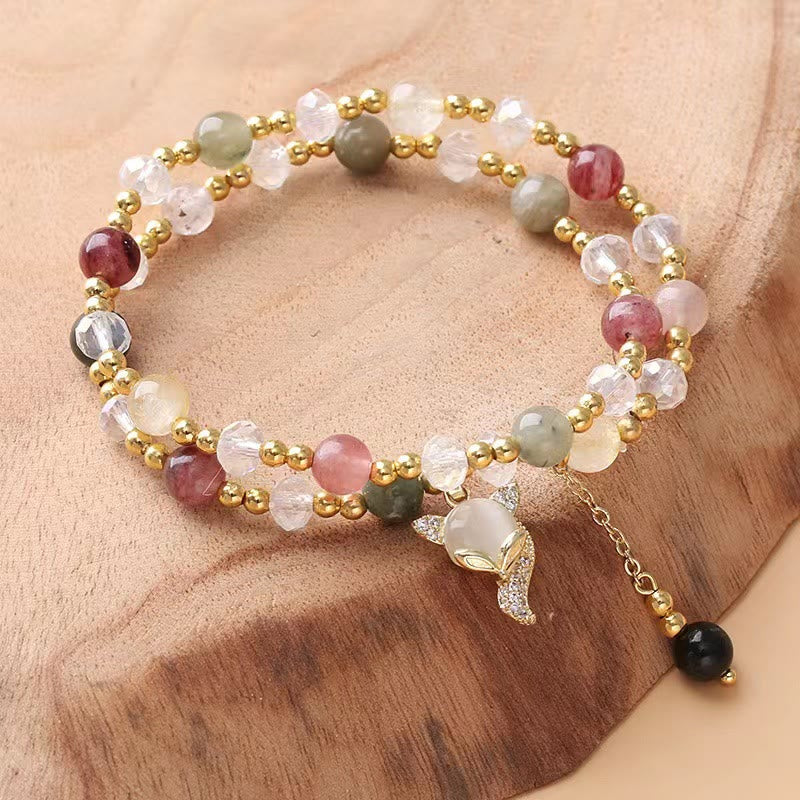 Stone of buddha Multicolored Rutilated Quartz Fox Protection Double Wrap Bracelet