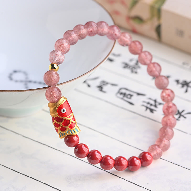 Stone of buddha Natural Strawberry Quartz Cinnabar Lucky Koi Fish Healing Bracelet