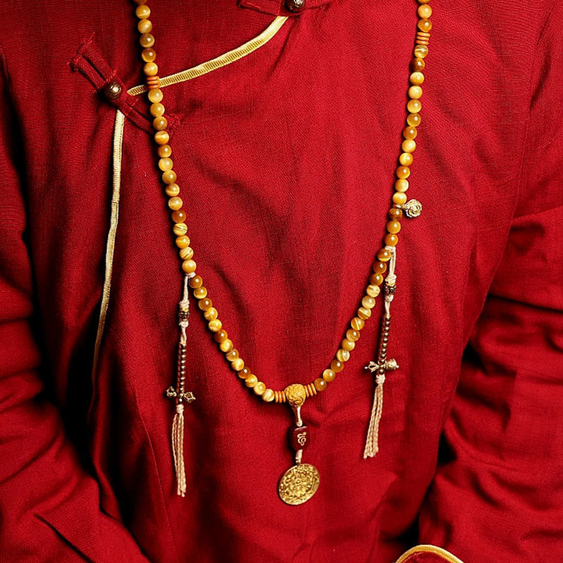 Stone of buddha 108 Mala Beads Natural Tiger Eye Copper Dorje Protection Tassel Bracelet
