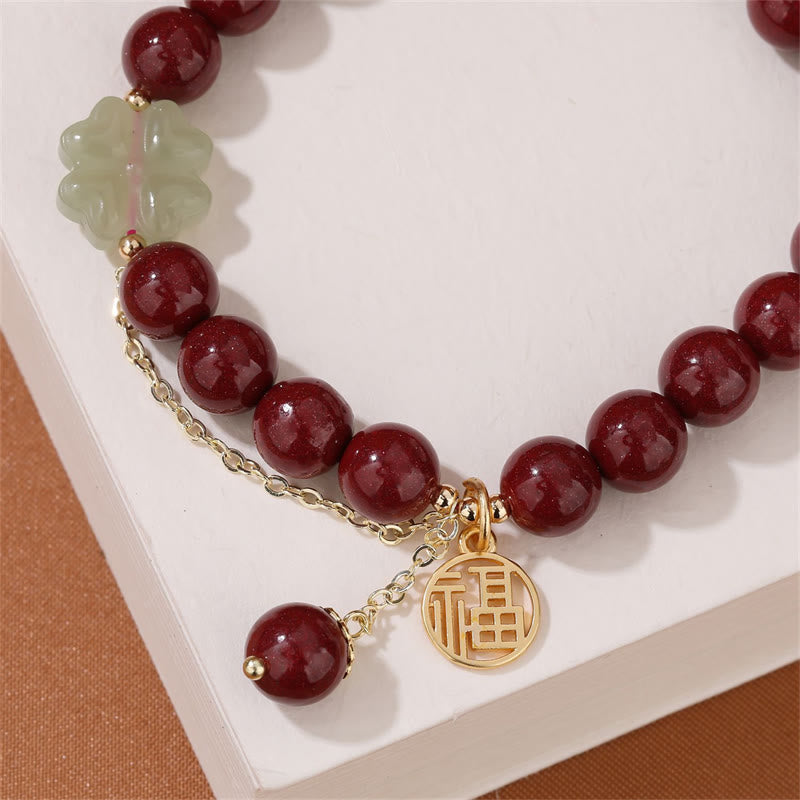 Stone of buddha Cinnabar Fu Character Hetian Jade Lucky Four Leaf Clover Blessing Bracelet