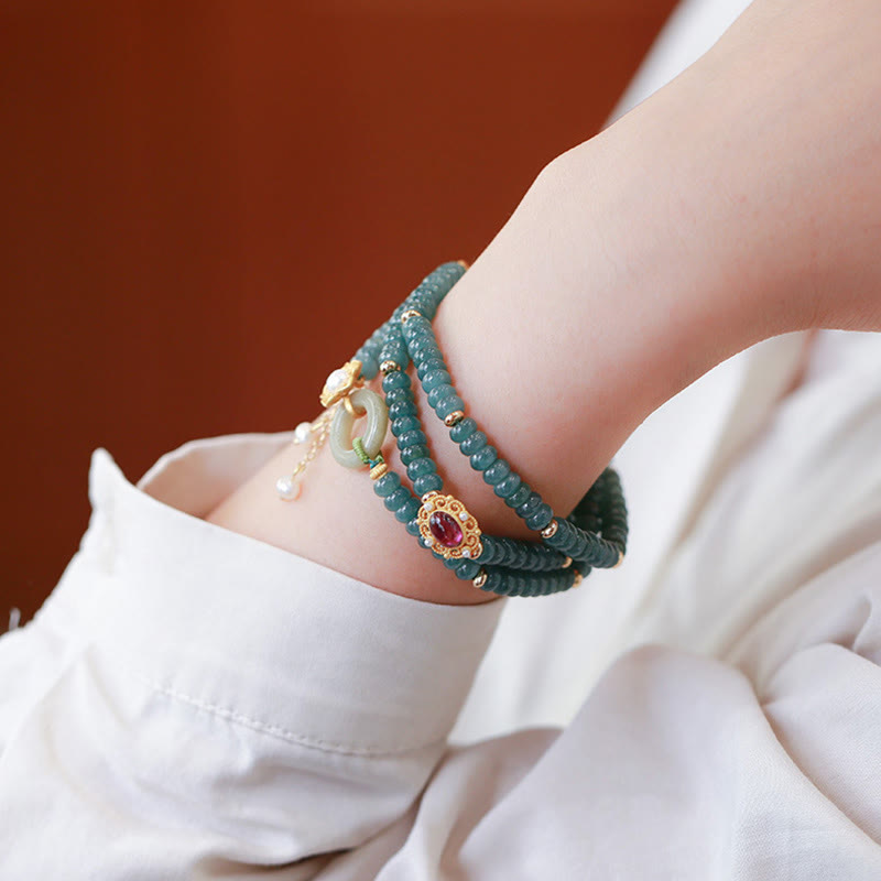 Stone of buddha 925 Sterling Silver Gold Plated Cyan Jade Flower Peace Buckle Success Triple Wrap Bracelet
