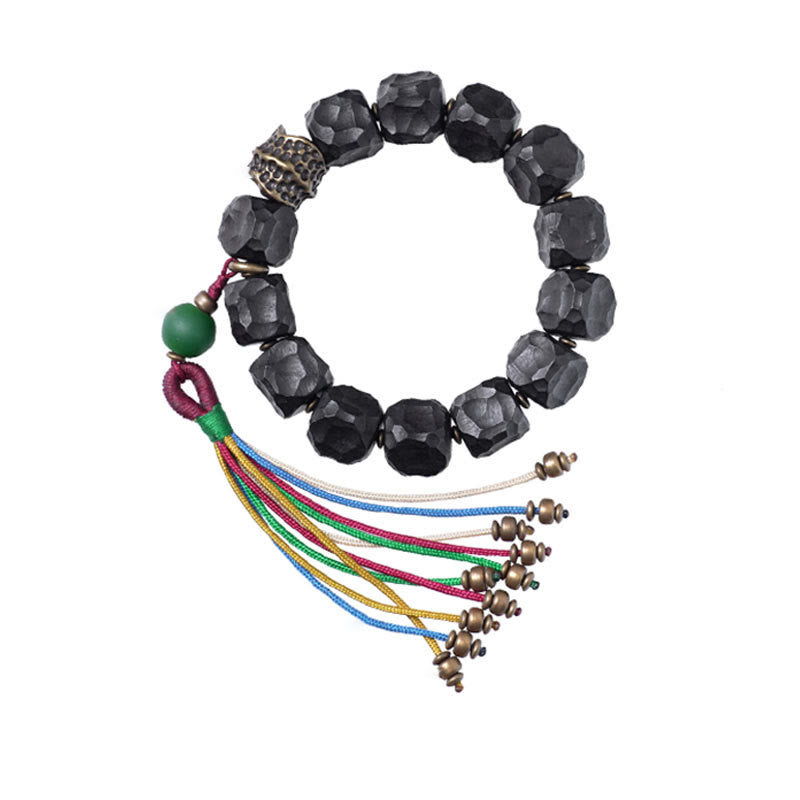 Stone of buddha Tibet Ebony Wood Copper Peace Tassel Wrist Mala Bracelet