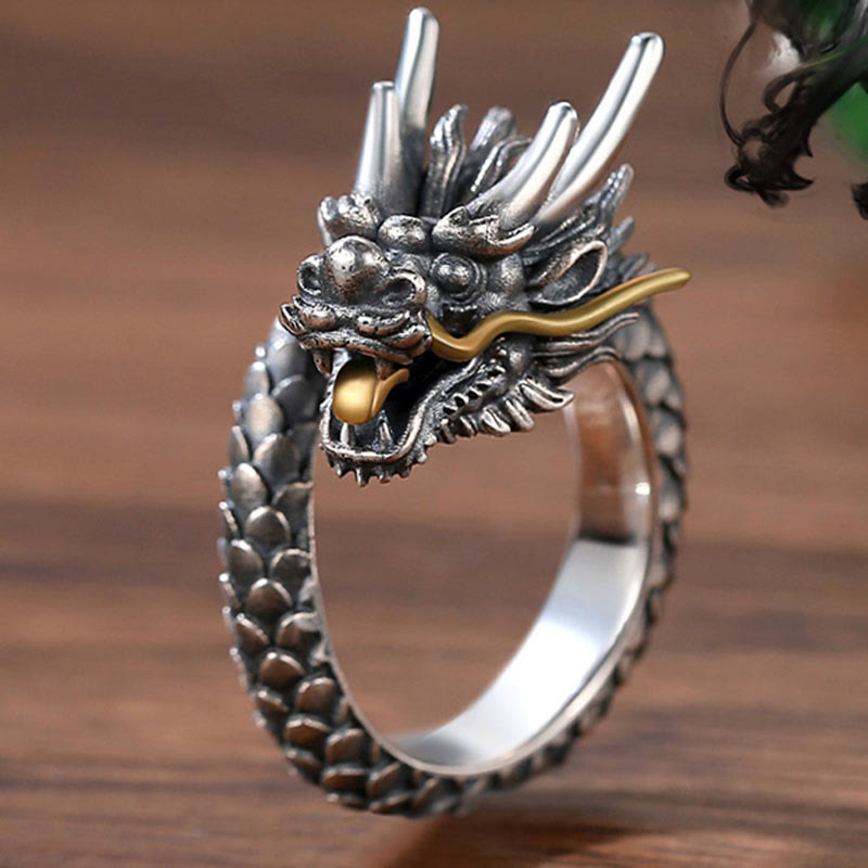 Stone of buddha 925 Sterling Silver Vintage Dragon Design Protection Strength Adjustable Ring