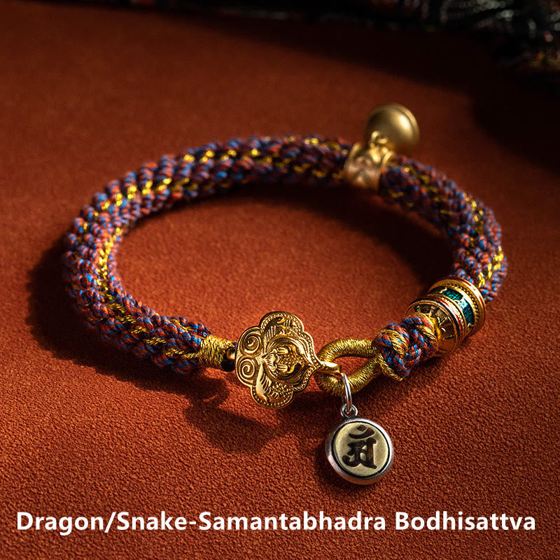 Stone of buddha 925 Sterling Silver Chinese Zodiac Natal Buddha Om Mani Padme Hum Luck Bell Braided String Bracelet