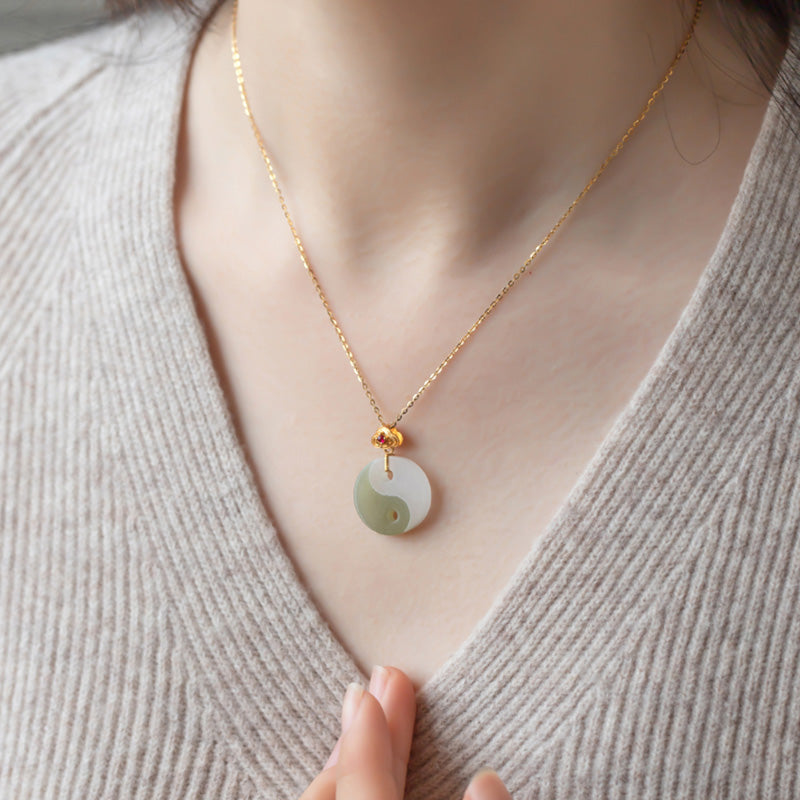 Stone of buddha Yin Yang Jade 18K Gold Luck Prosperity Necklace Pendant