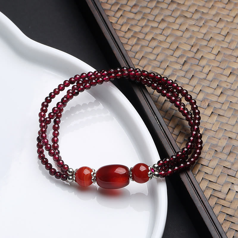 Stone of buddha Natural Garnet Red Agate Protection Triple Layer Bracelet