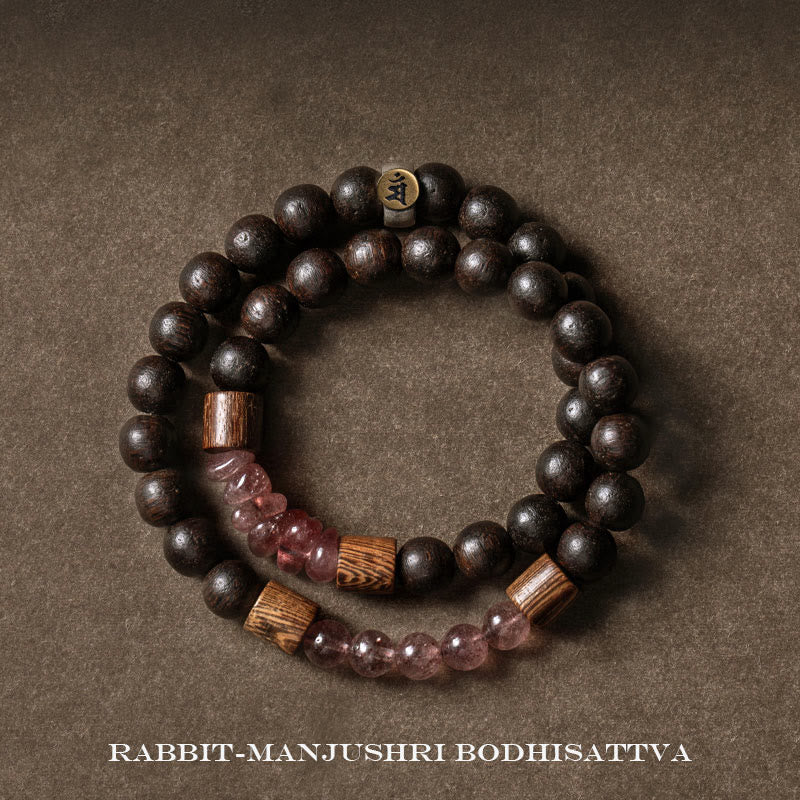 Stone of buddha 925 Sterling Silver Chinese Zodiac Natal Buddha Agarwood Strawberry Quartz Peace Double Wrap Bracelet