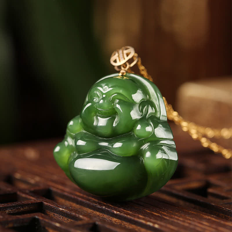 Stone of buddha 925 Sterling Silver Laughing Buddha Hetian Cyan Jade 18K Gold Success Necklace Chain Pendant
