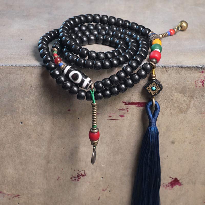 Stone of buddha 108 Beads Mala Ebony Wood Dzi Bead Copper Balance Tassel Bracelet