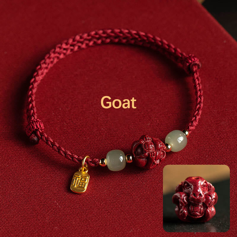 Stone of buddha Natural Cinnabar Chinese Zodiac Hetian Jade Fu Character Luck Rope Bracelet