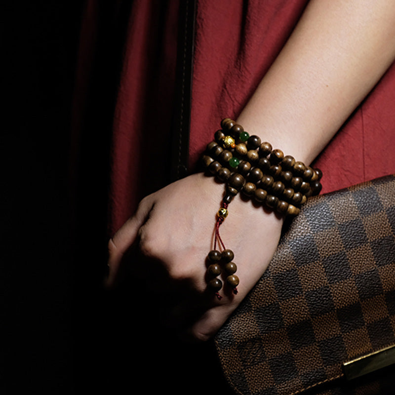 Stone of buddha 999 Gold 108 Mala Beads Kalimantan Agarwood Cyan Jade Six True Words Strength Bracelet