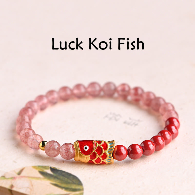 Stone of buddha Natural Strawberry Quartz Cinnabar Lucky Koi Fish Healing Bracelet