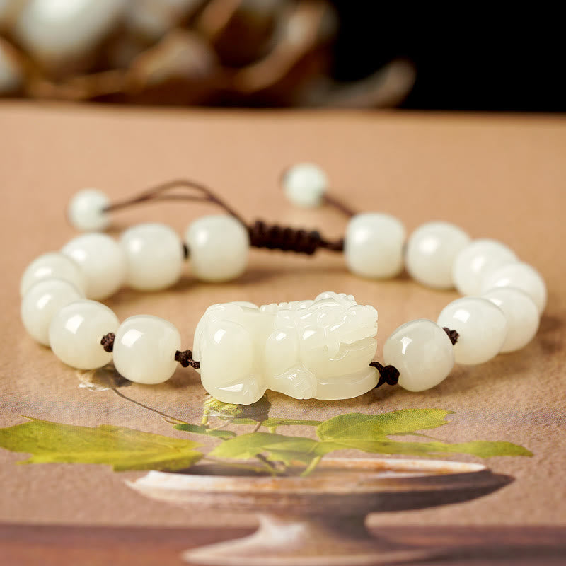 Stone of buddha Natural Hetian White Jade PiXiu Wealth String Bracelet