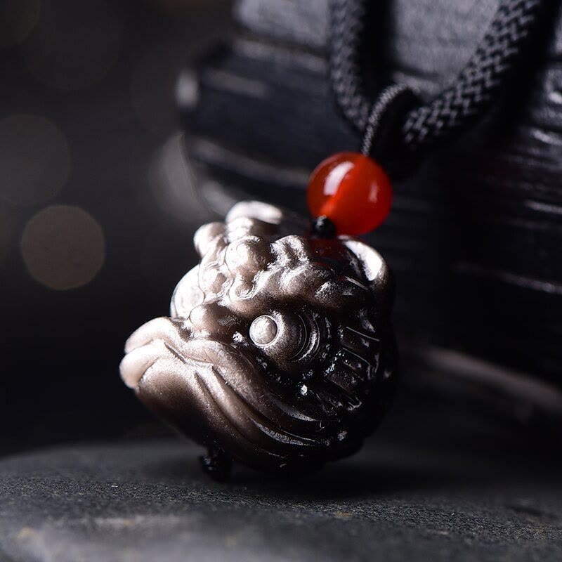 Stone of buddha Natural Silver Sheen Obsidian Dancing Lion Protection Necklace Pendant