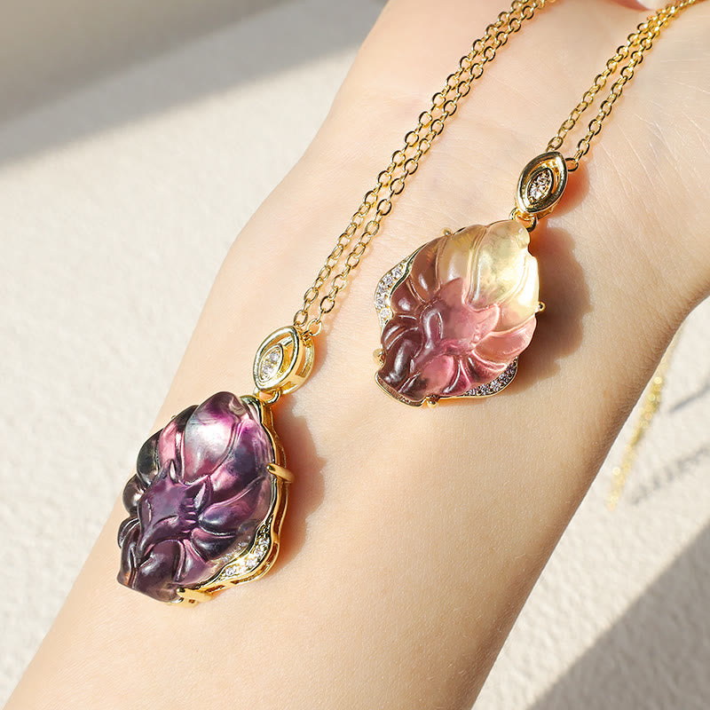 Stone of buddha Natural Colorful Fluorite Nine-Tailed Fox Protection Necklace Pendant