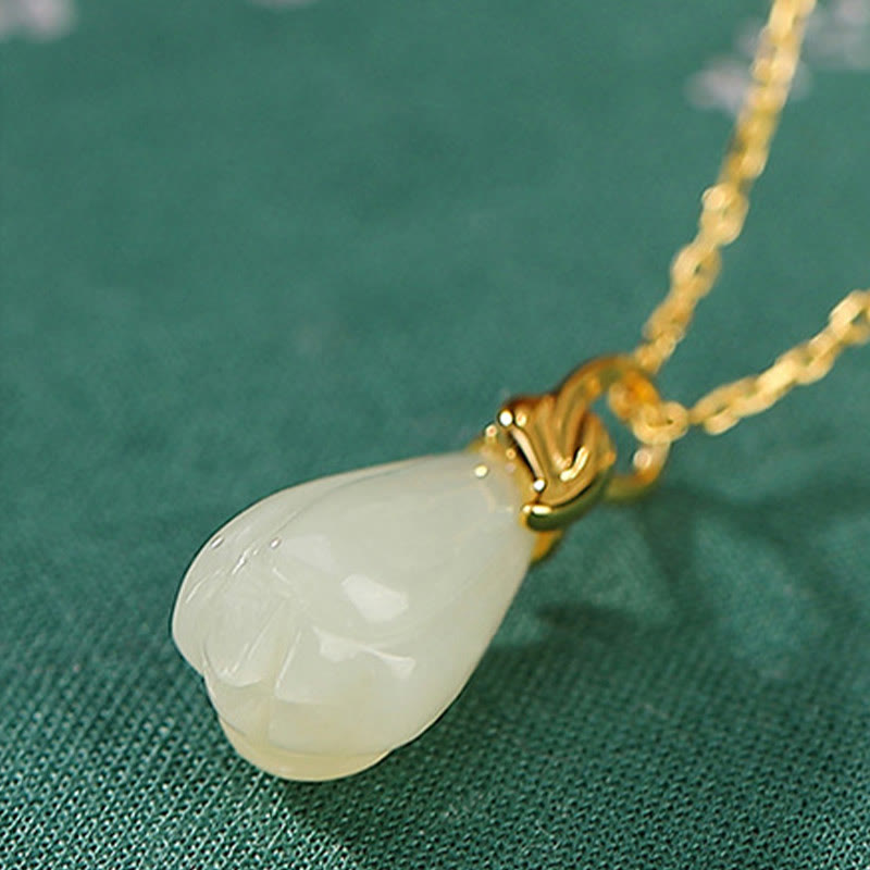 Stone of buddha 925 Sterling Silver Plated Gold Natural Hetian Jade Magnolia Flower Abundance Necklace Pendant