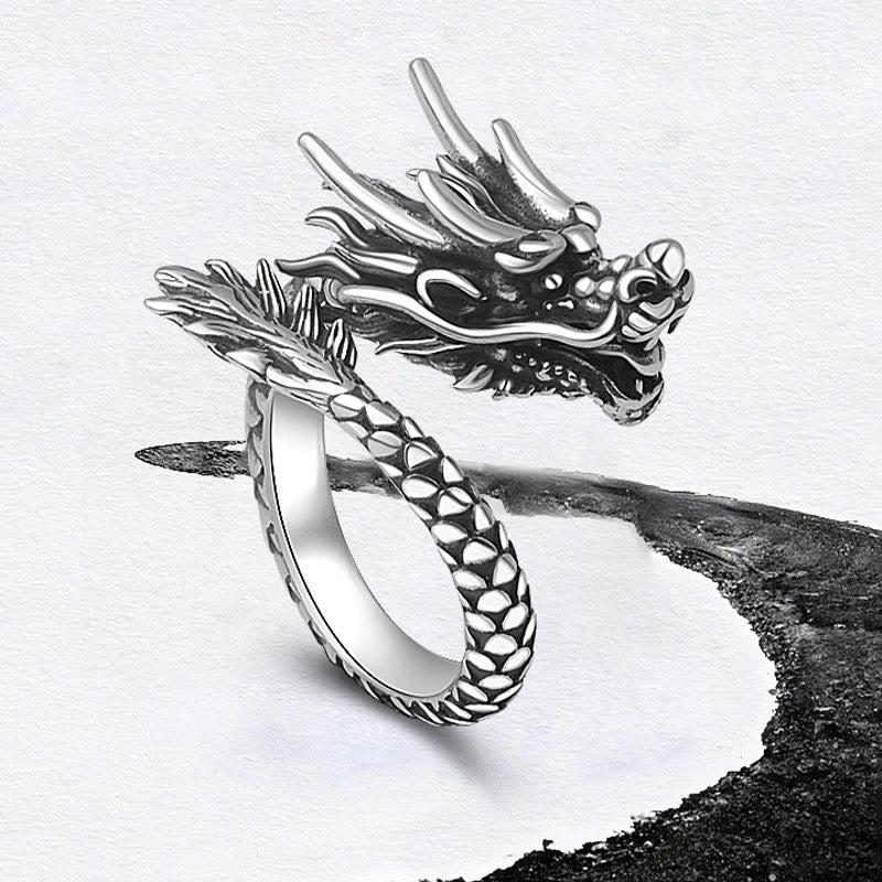 Stone of buddha 990 Sterling Silver Vintage Dragon Design Luck Protection Strength Adjustable Ring