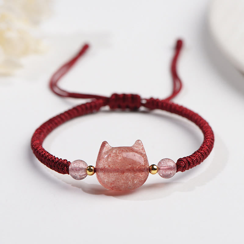 Stone of buddha Handmade Natural Silver Sheen Obsidian Strawberry Quartz Cute Cat Protection Braided Bracelet