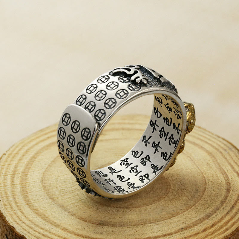Stone of buddha Tibetan 990 Sterling Silver Om Mani Padme Hum PiXiu Dorje Vajra Heart Sutra Engraved Wealth Ring