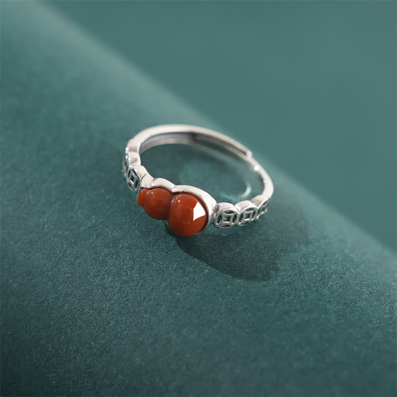 Stone of buddha 925 Sterling Silver Red Agate Gourd Copper Coin Self-acceptance Ring